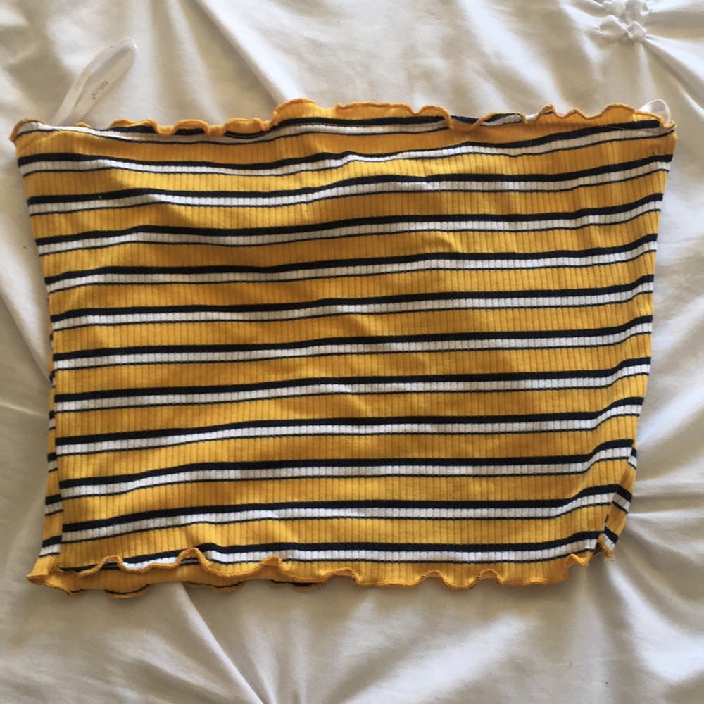 Yellow, navy blue, and white striped tube top.